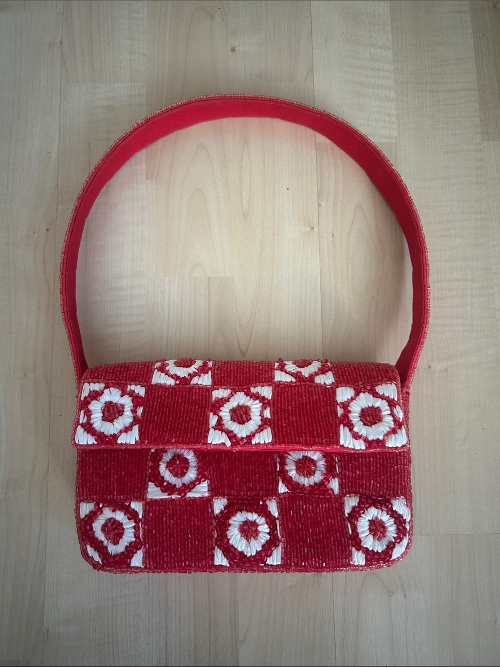 Anthropologie Red Beaded Checker Floral Shoulder Bag